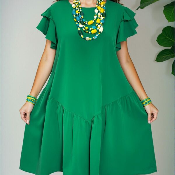 Elegant Green Romantic A-Line Knee Length Dress with Ruffle Sleeves and Flounce Hem for Casual Spring and Summer Vacations - Chic, Classy and Trendy Fashion Style to Dress to Impress