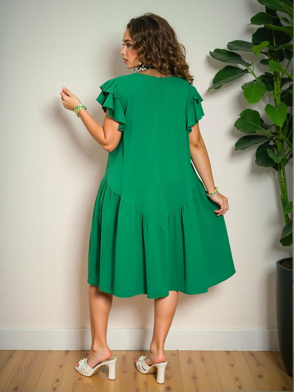 Elegant Green Romantic A-Line Knee Length Dress with Ruffle Sleeves and Flounce Hem for Casual Spring and Summer Vacations - Chic, Classy and Trendy Fashion Style to Dress to Impress - Image 2