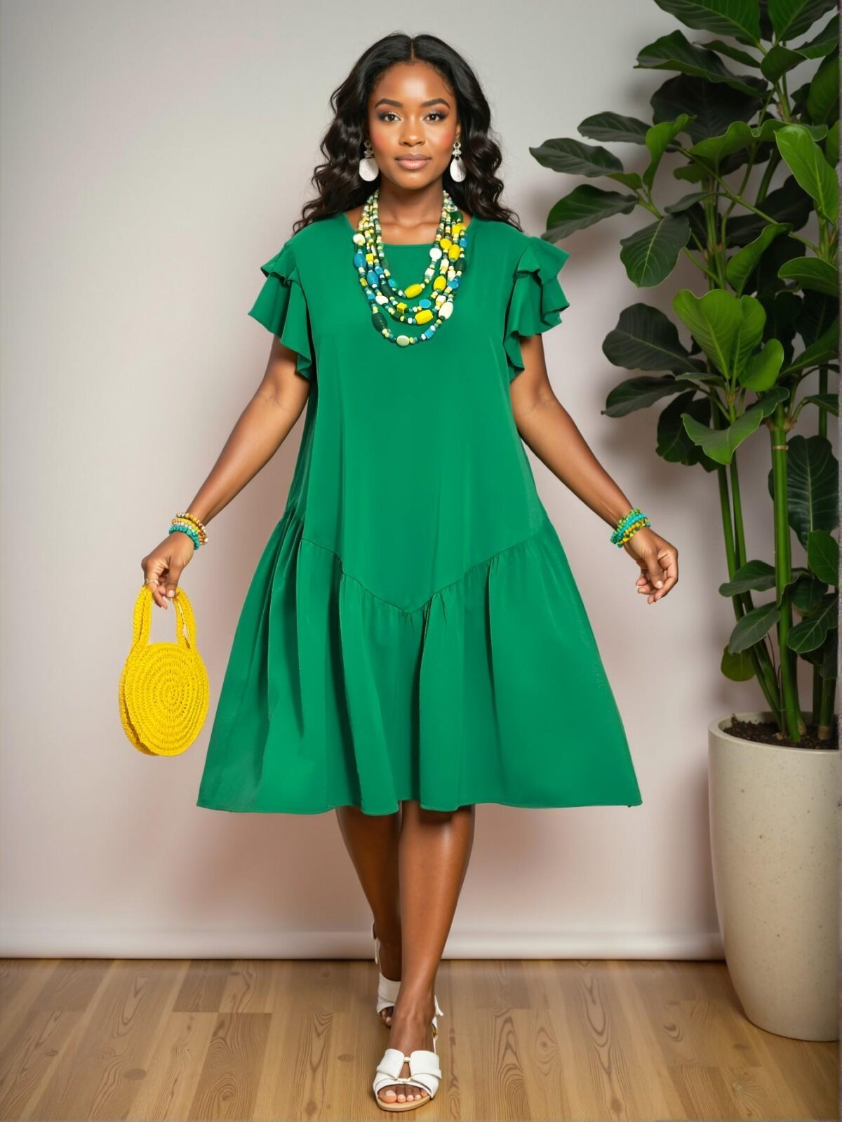 Elegant Green Romantic A-Line Knee Length Dress with Ruffle Sleeves and Flounce Hem for Casual Spring and Summer Vacations - Chic, Classy and Trendy Fashion Style to Dress to Impress - Image 3