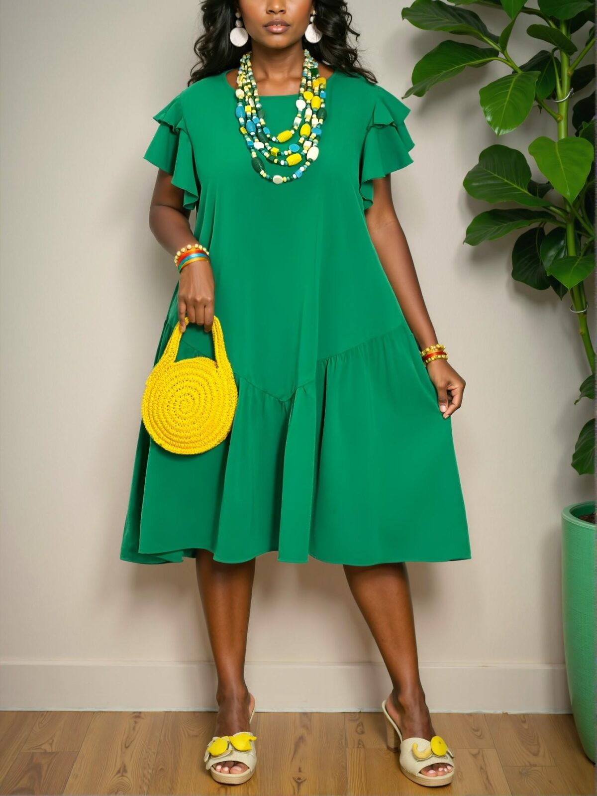 Elegant Green Romantic A-Line Knee Length Dress with Ruffle Sleeves and Flounce Hem for Casual Spring and Summer Vacations - Chic, Classy and Trendy Fashion Style to Dress to Impress - Image 4