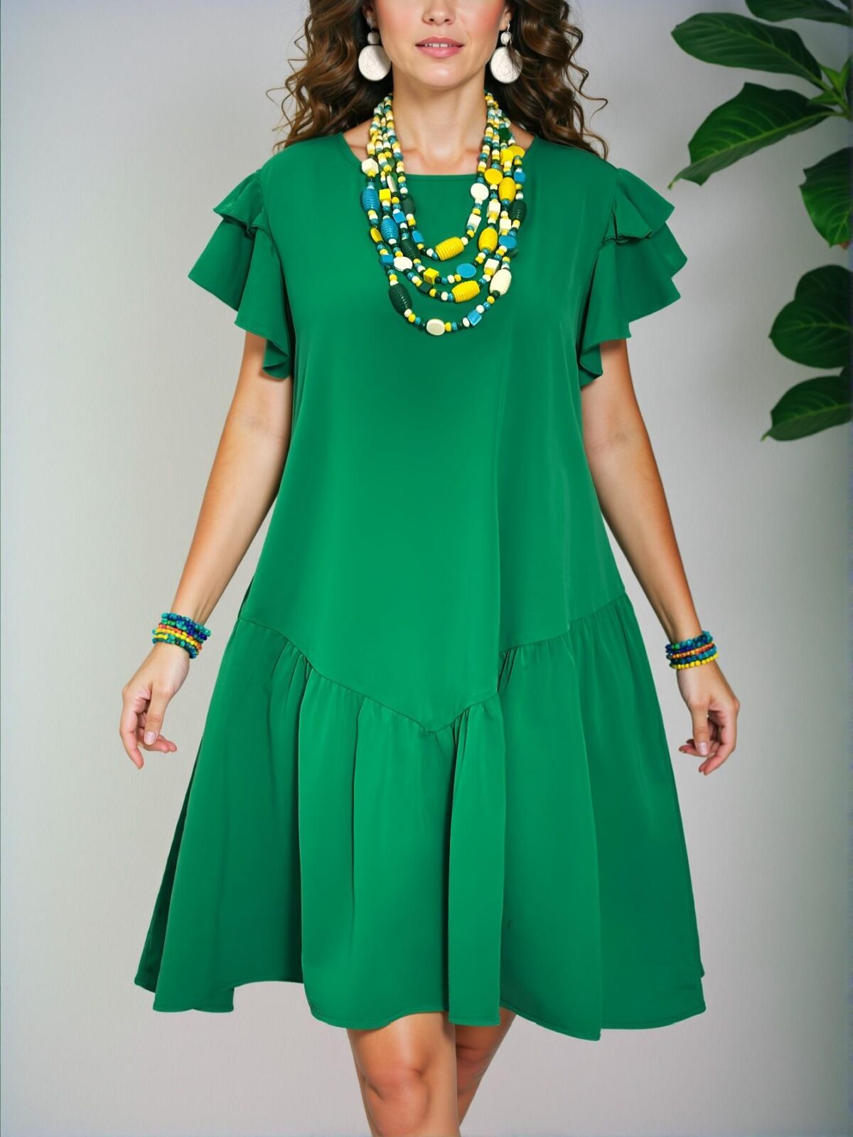 Elegant Green Romantic A-Line Knee Length Dress with Ruffle Sleeves and Flounce Hem for Casual Spring and Summer Vacations - Chic, Classy and Trendy Fashion Style to Dress to Impress - Image 5