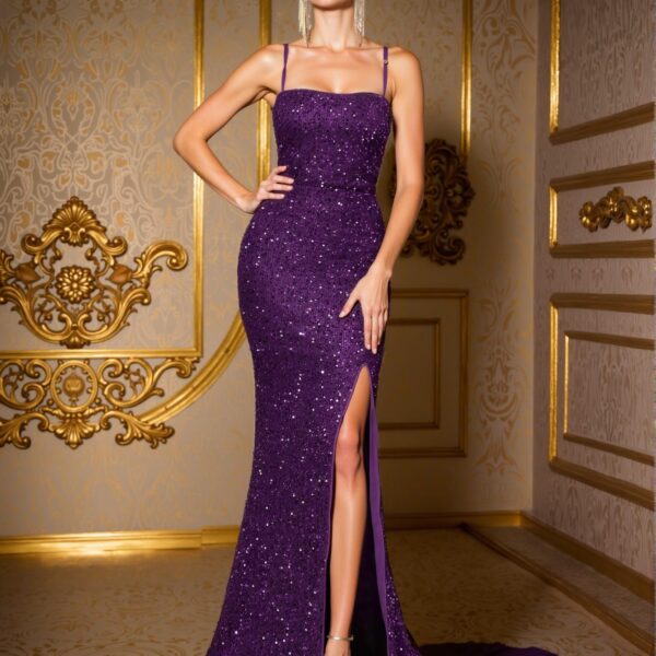 Elegant Purple Sequined Backless Mermaid Gown with Dramatic Slit & Slim Straps – Captivating Dress for Red Carpet Events & Luxurious Evening Soirees Perfect for party, prom, graduation day, and ceremony for university, college, and high school, Formal Evening Dinner Cocktail, Wedding Guest Gown, Chic, Classy and Trendy Fashion Style to Dress to Impress