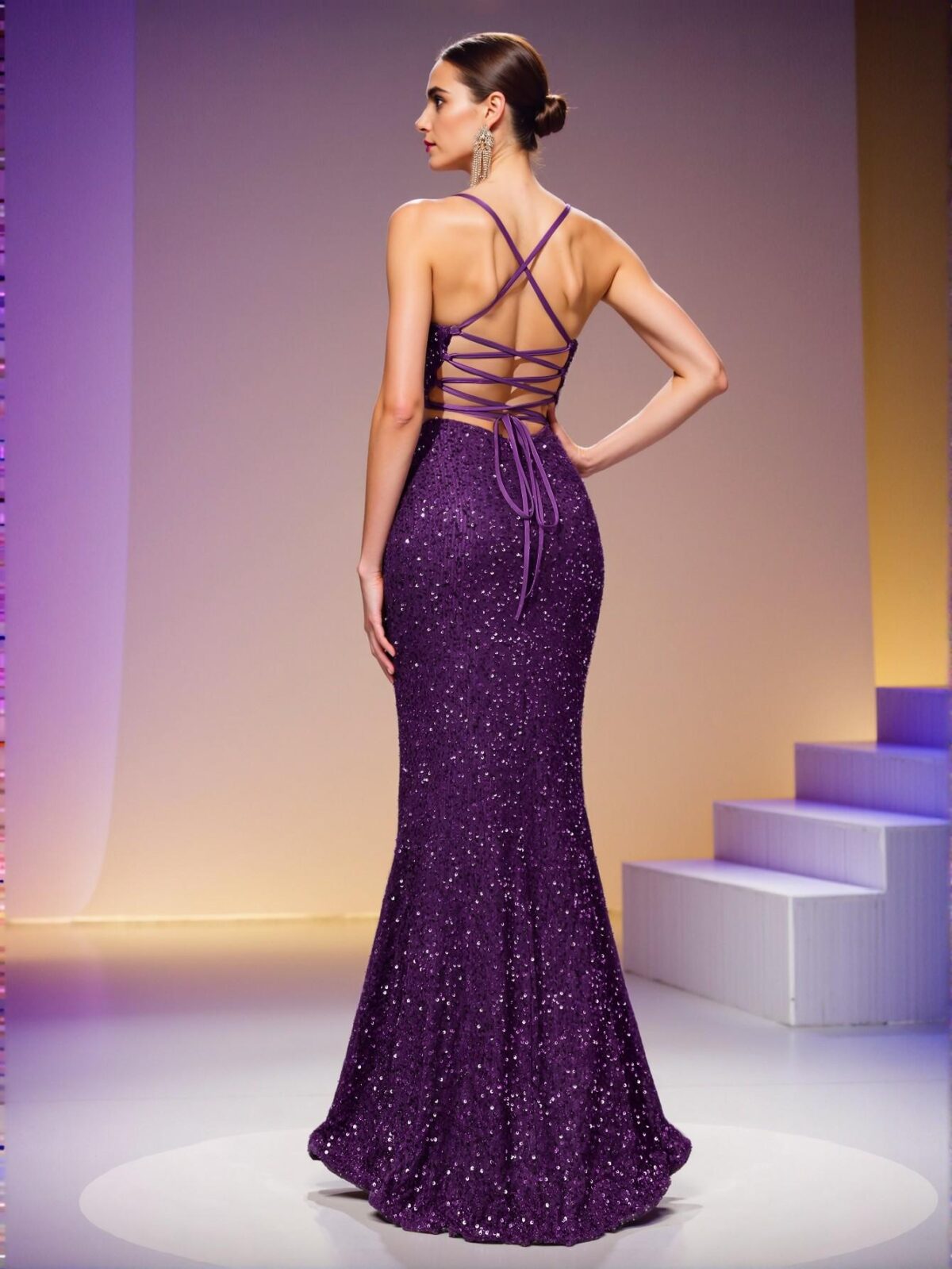 Elegant Purple Sequined Backless Mermaid Gown with Dramatic Slit & Slim Straps – Captivating Dress for Red Carpet Events & Luxurious Evening Soirees Perfect for party, prom, graduation day, and ceremony for university, college, and high school, Formal Evening Dinner Cocktail, Wedding Guest Gown, Chic, Classy and Trendy Fashion Style to Dress to Impress - Image 2