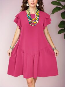 Elegant Hot Pink Flounce Hem Casual Knee-Length Dress for Spring and Summer Vacation Style - Chic, Classy and Trendy Fashion Style to Dress to Impress