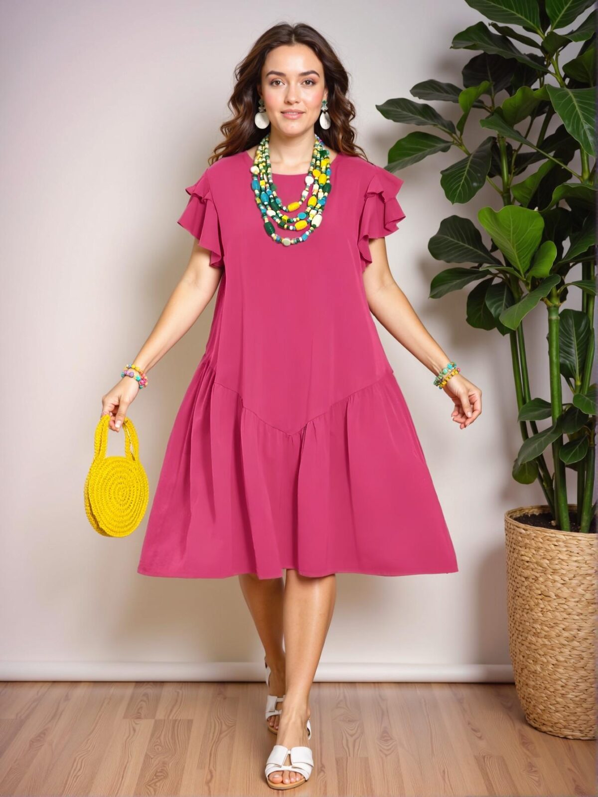 Elegant Hot Pink Flounce Hem Casual Knee-Length Dress for Spring and Summer Vacation Style - Chic, Classy and Trendy Fashion Style to Dress to Impress - Image 3