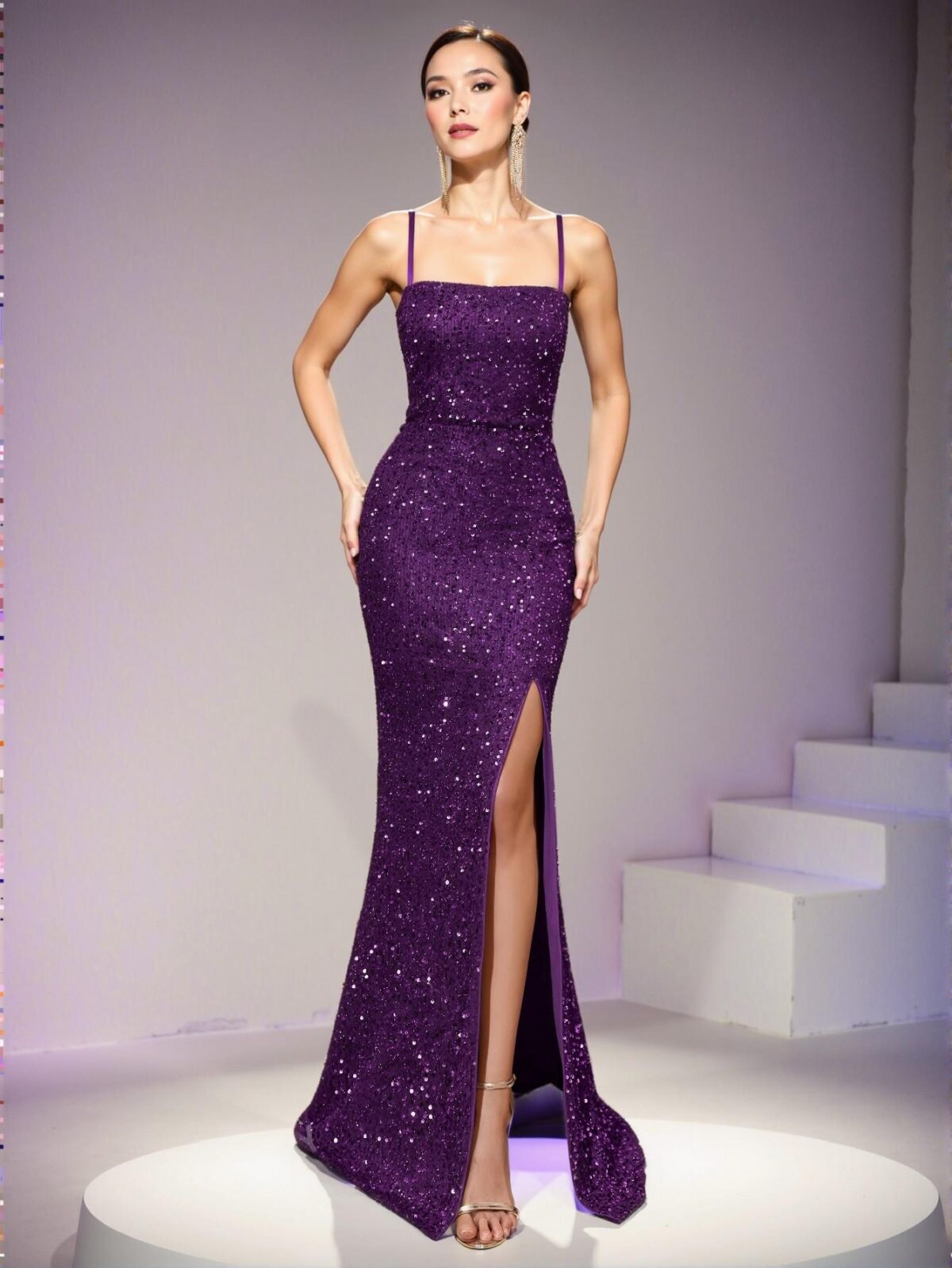 Elegant Purple Sequined Backless Mermaid Gown with Dramatic Slit & Slim Straps – Captivating Dress for Red Carpet Events & Luxurious Evening Soirees Perfect for party, prom, graduation day, and ceremony for university, college, and high school, Formal Evening Dinner Cocktail, Wedding Guest Gown, Chic, Classy and Trendy Fashion Style to Dress to Impress - Image 4