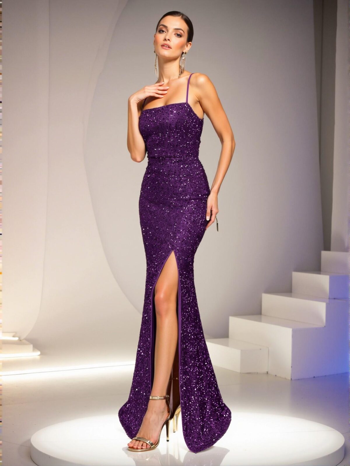 Elegant Purple Sequined Backless Mermaid Gown with Dramatic Slit & Slim Straps – Captivating Dress for Red Carpet Events & Luxurious Evening Soirees Perfect for party, prom, graduation day, and ceremony for university, college, and high school, Formal Evening Dinner Cocktail, Wedding Guest Gown, Chic, Classy and Trendy Fashion Style to Dress to Impress - Image 5