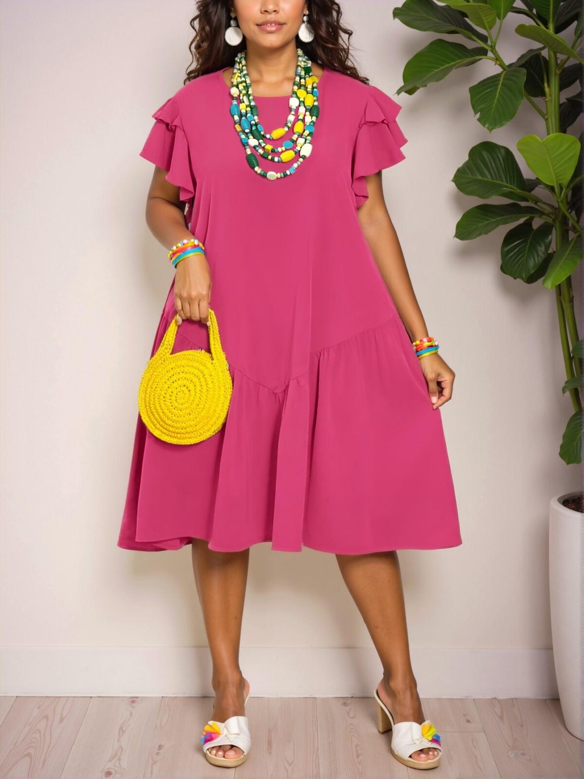 Elegant Hot Pink Flounce Hem Casual Knee-Length Dress for Spring and Summer Vacation Style - Chic, Classy and Trendy Fashion Style to Dress to Impress - Image 4