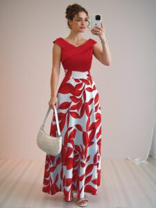 Elegant "Red" "Elenzga Women's Flared Casual Dress with V-Neck and Cinched Waist for Spring and Summer" "Chic, Classy and Trendy Fashion Style to Dress to Impress"