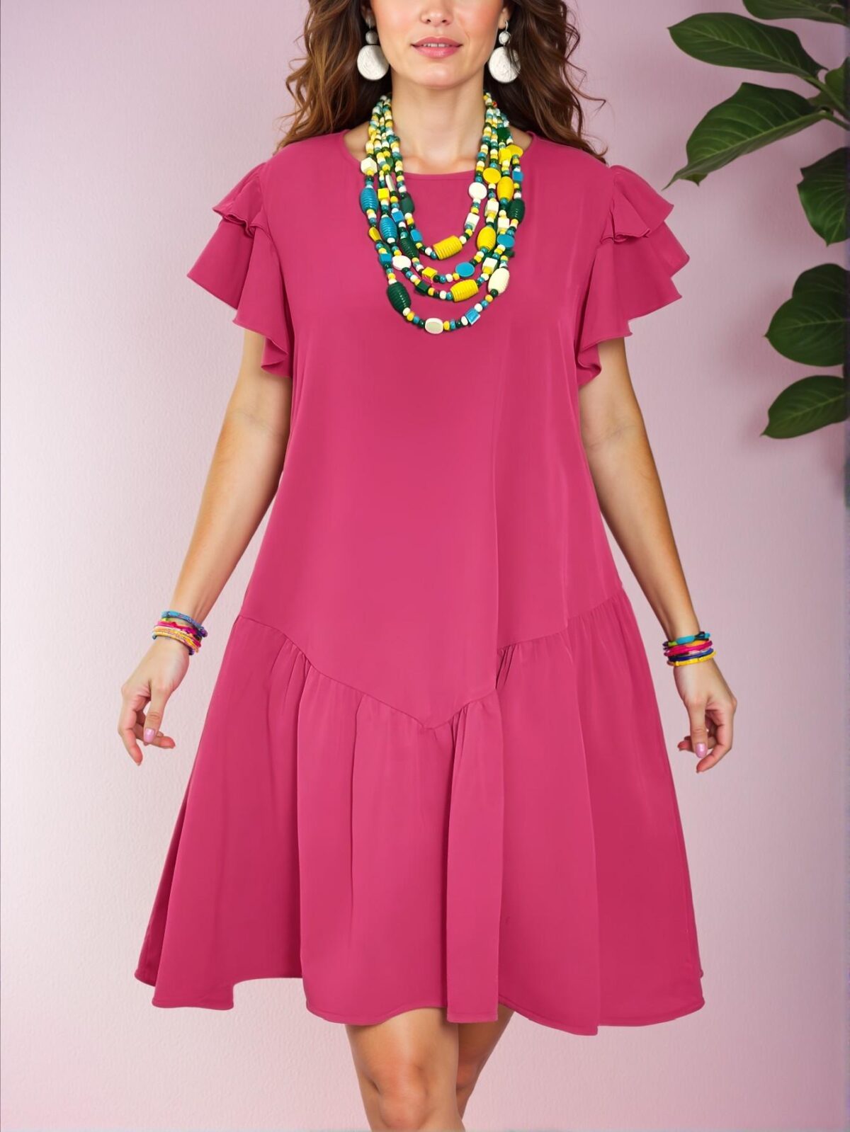 Elegant Hot Pink Flounce Hem Casual Knee-Length Dress for Spring and Summer Vacation Style - Chic, Classy and Trendy Fashion Style to Dress to Impress - Image 5
