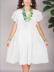 Elegant White Ruffle Sleeve A-Line Knee-Length Dress with Romantic Hem for Spring and Summer, Perfect for Casual Holidays "Chic, Classy and Trendy Fashion Style to Dress to Impress"