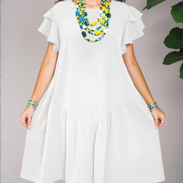 Elegant White Ruffle Sleeve A-Line Knee-Length Dress with Romantic Hem for Spring and Summer, Perfect for Casual Holidays "Chic, Classy and Trendy Fashion Style to Dress to Impress"