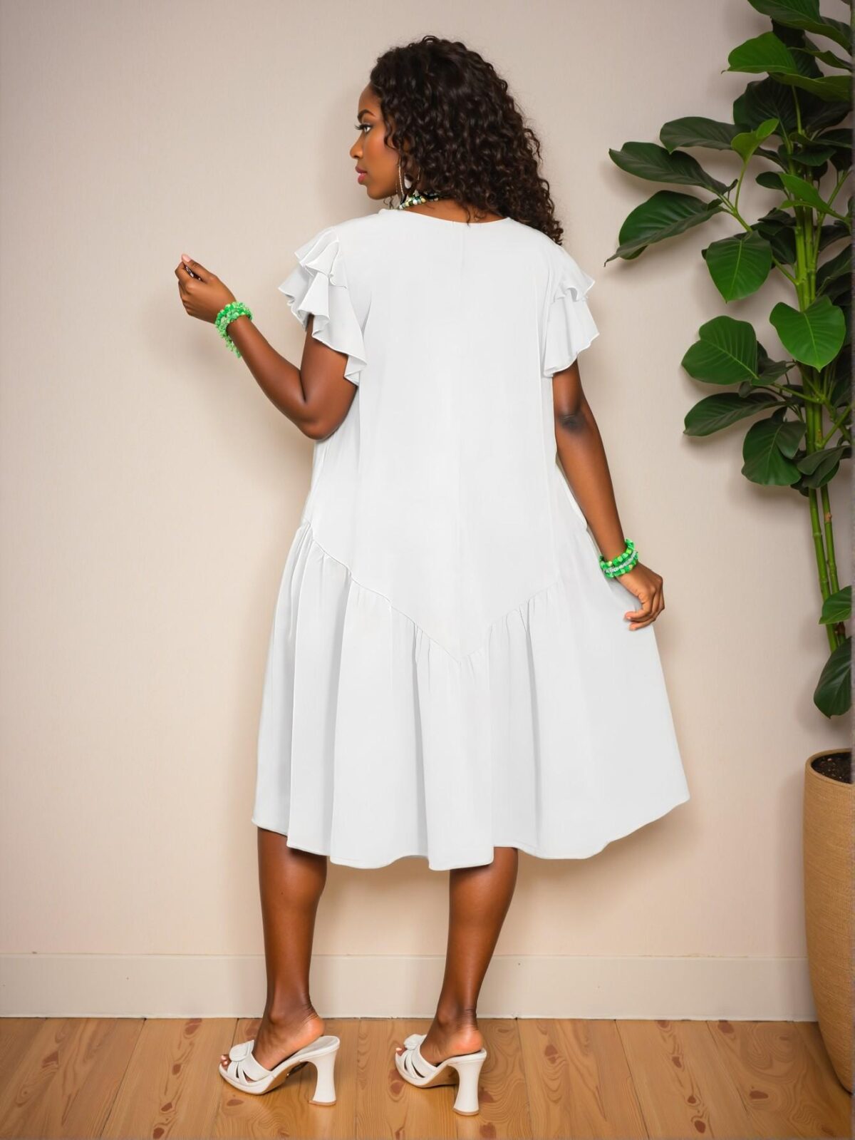 Elegant White Ruffle Sleeve A-Line Knee-Length Dress with Romantic Hem for Spring and Summer, Perfect for Casual Holidays "Chic, Classy and Trendy Fashion Style to Dress to Impress" - Image 2
