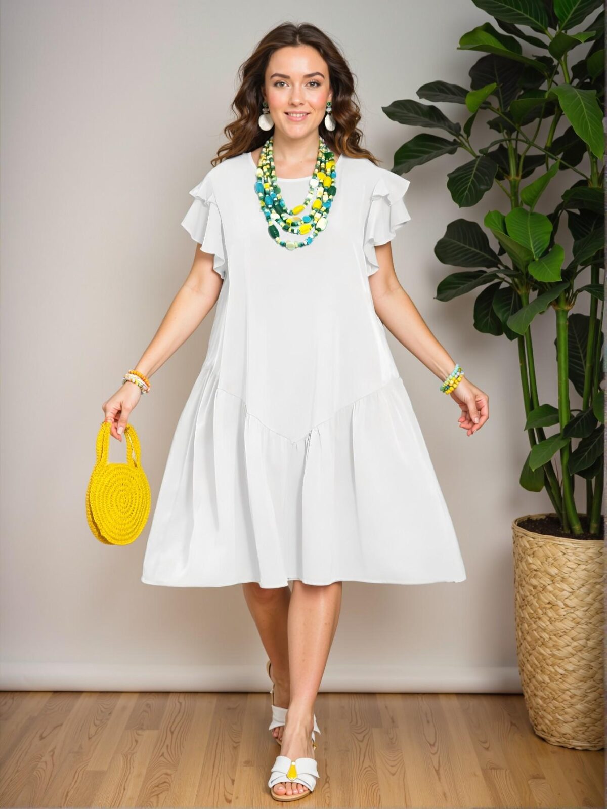 Elegant White Ruffle Sleeve A-Line Knee-Length Dress with Romantic Hem for Spring and Summer, Perfect for Casual Holidays "Chic, Classy and Trendy Fashion Style to Dress to Impress" - Image 3