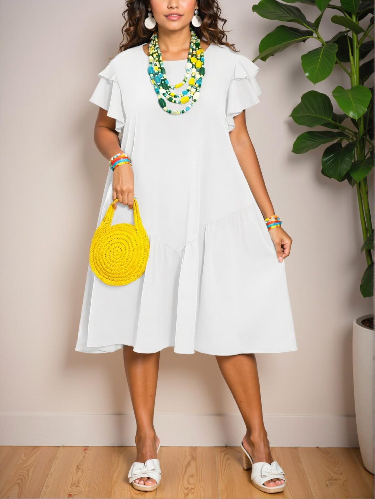 Elegant White Ruffle Sleeve A-Line Knee-Length Dress with Romantic Hem for Spring and Summer, Perfect for Casual Holidays "Chic, Classy and Trendy Fashion Style to Dress to Impress" - Image 4