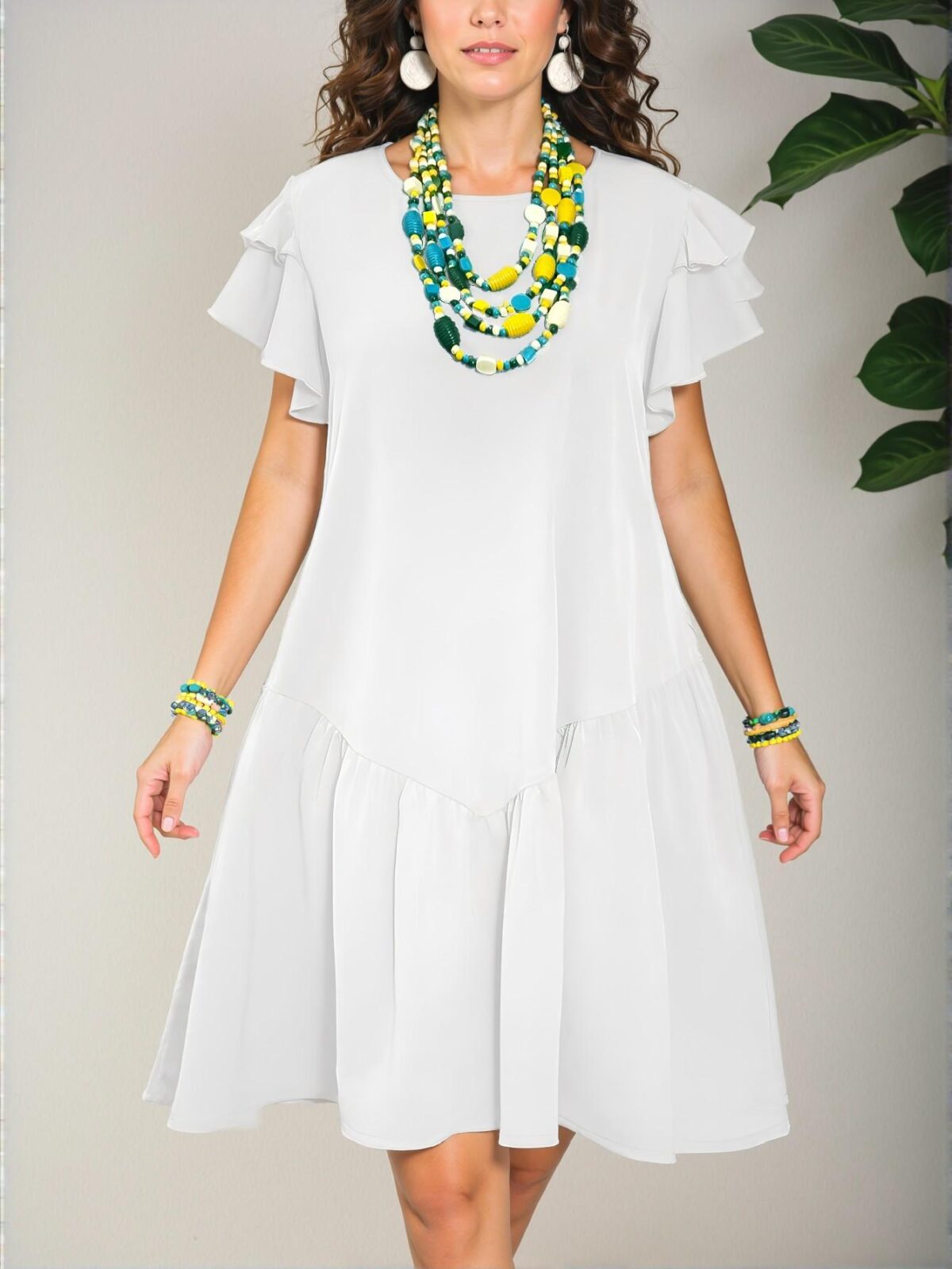 Elegant White Ruffle Sleeve A-Line Knee-Length Dress with Romantic Hem for Spring and Summer, Perfect for Casual Holidays "Chic, Classy and Trendy Fashion Style to Dress to Impress" - Image 5