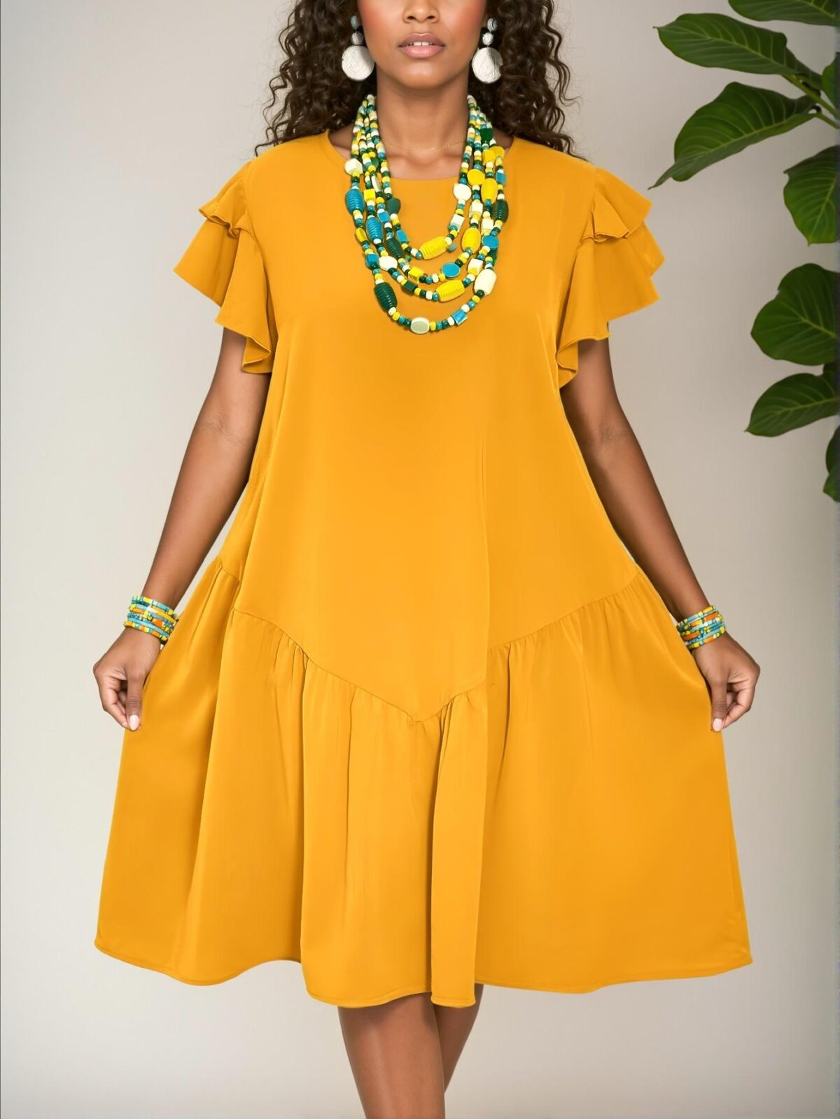 Elegant Yellow Flounce Hem A-Line Knee-Length Dress with Ruffle Sleeves, Ideal for Romantic Casual Vacations, Spring and Summer Sun Dresses for Women – Chic, Classy and Trendy Fashion Style to Dress to Impress