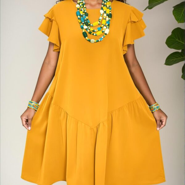 Elegant Yellow Flounce Hem A-Line Knee-Length Dress with Ruffle Sleeves, Ideal for Romantic Casual Vacations, Spring and Summer Sun Dresses for Women – Chic, Classy and Trendy Fashion Style to Dress to Impress