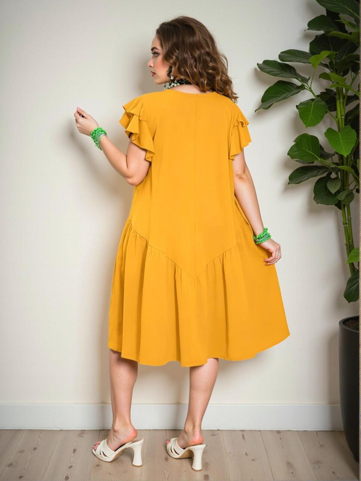 Elegant Yellow Flounce Hem A-Line Knee-Length Dress with Ruffle Sleeves, Ideal for Romantic Casual Vacations, Spring and Summer Sun Dresses for Women – Chic, Classy and Trendy Fashion Style to Dress to Impress - Image 2