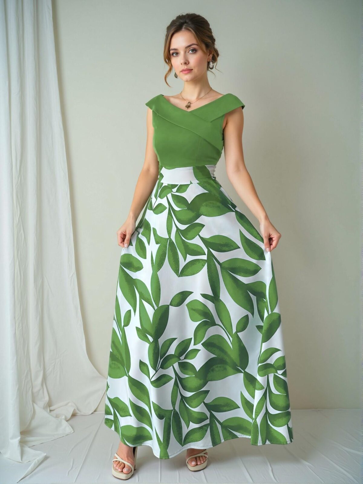 Elegant Green Sophisticated V-Neck Cinched Waist Flared Hem Casual Holiday Dress for Spring and Summer - Chic, Classy and Trendy Fashion Style to Dress to Impress - Image 4