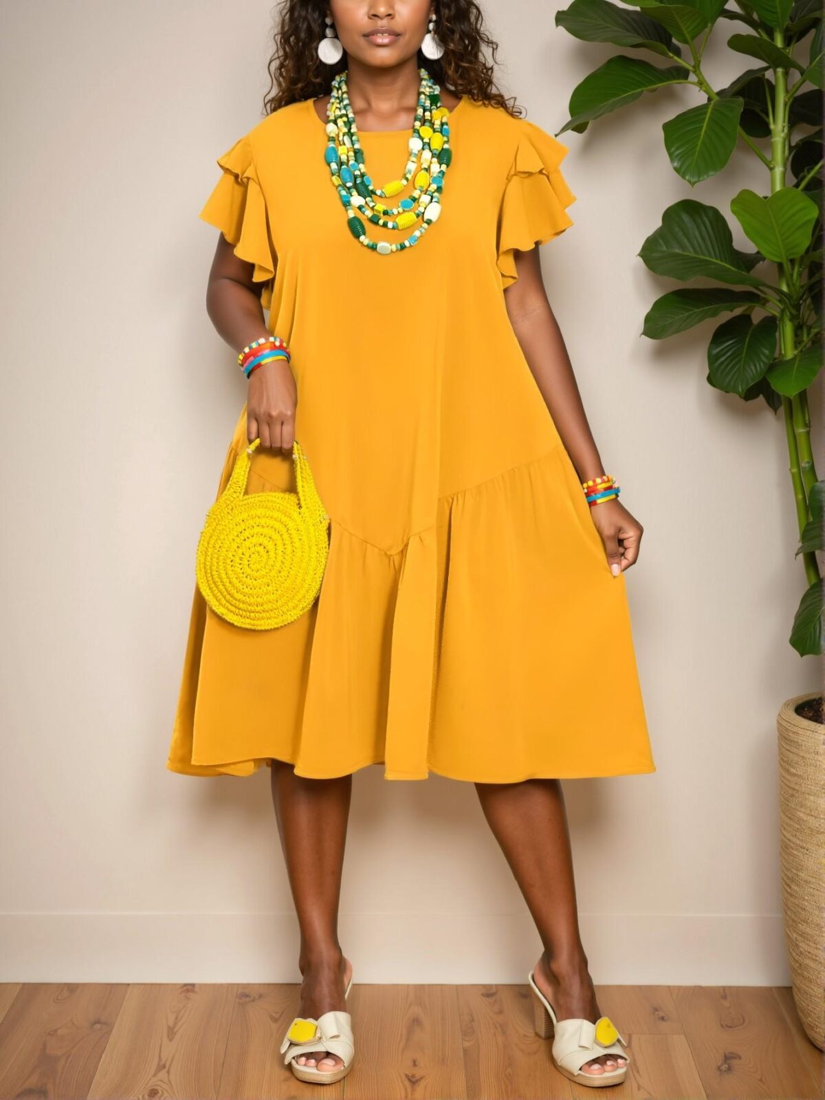 Elegant Yellow Flounce Hem A-Line Knee-Length Dress with Ruffle Sleeves, Ideal for Romantic Casual Vacations, Spring and Summer Sun Dresses for Women – Chic, Classy and Trendy Fashion Style to Dress to Impress - Image 4