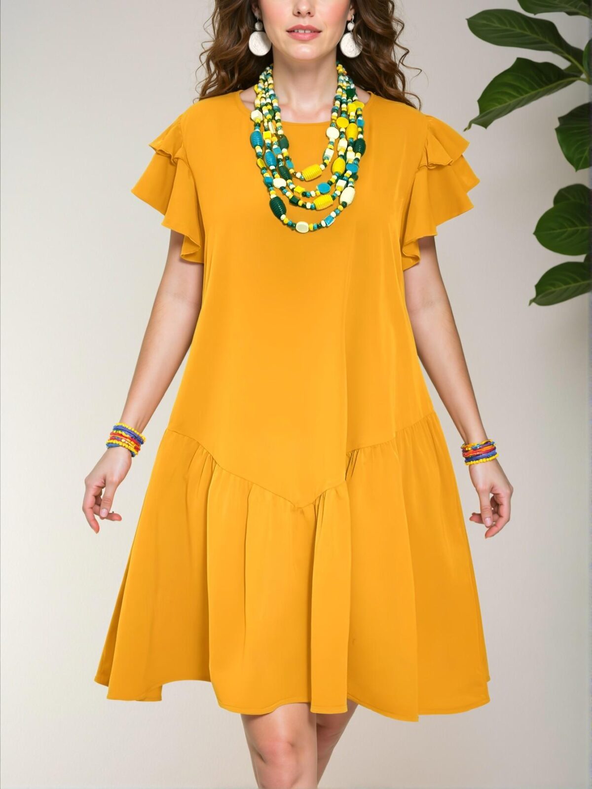 Elegant Yellow Flounce Hem A-Line Knee-Length Dress with Ruffle Sleeves, Ideal for Romantic Casual Vacations, Spring and Summer Sun Dresses for Women – Chic, Classy and Trendy Fashion Style to Dress to Impress - Image 5