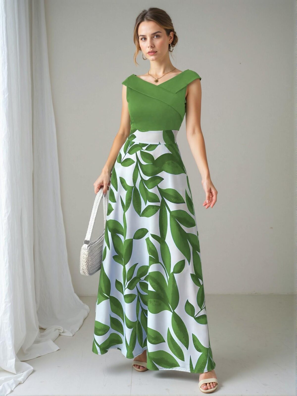 Elegant Green Sophisticated V-Neck Cinched Waist Flared Hem Casual Holiday Dress for Spring and Summer - Chic, Classy and Trendy Fashion Style to Dress to Impress - Image 5