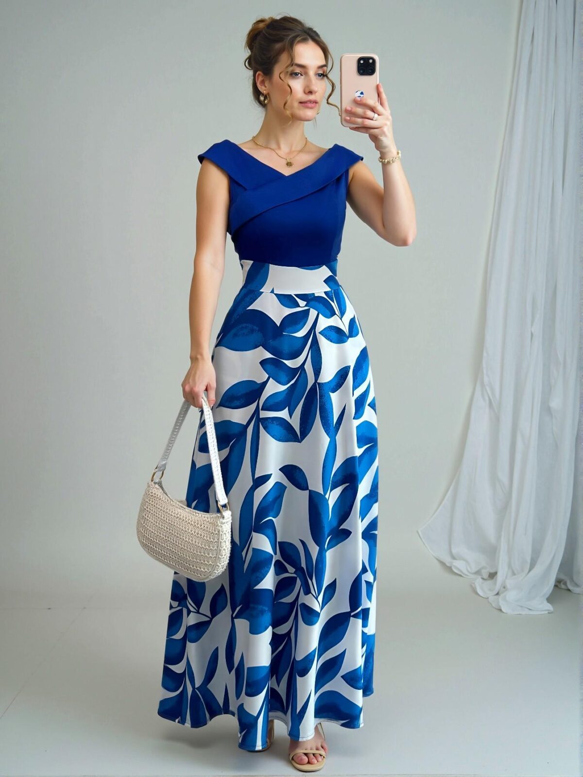 Elegant Blue Floral Printed Patchwork V-Neck Flared Midi Dress for Spring and Summer - Chic, Classy and Trendy Fashion Style to Dress to Impress