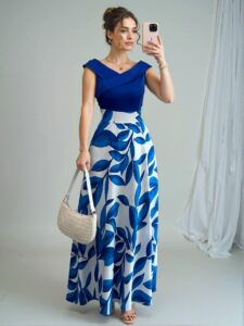 Elegant Blue Floral Printed Patchwork V-Neck Flared Midi Dress for Spring and Summer - Chic, Classy and Trendy Fashion Style to Dress to Impress