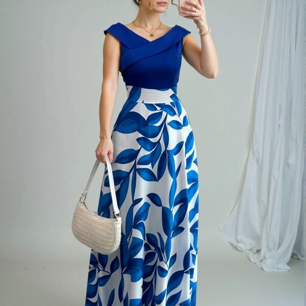 Elegant Blue Floral Printed Patchwork V-Neck Flared Midi Dress for Spring and Summer - Chic, Classy and Trendy Fashion Style to Dress to Impress