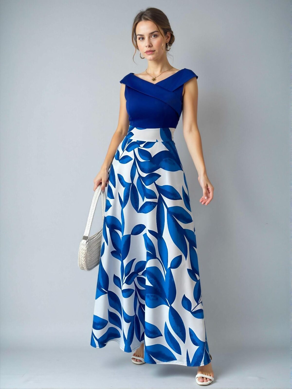 Elegant Blue Floral Printed Patchwork V-Neck Flared Midi Dress for Spring and Summer - Chic, Classy and Trendy Fashion Style to Dress to Impress - Image 3