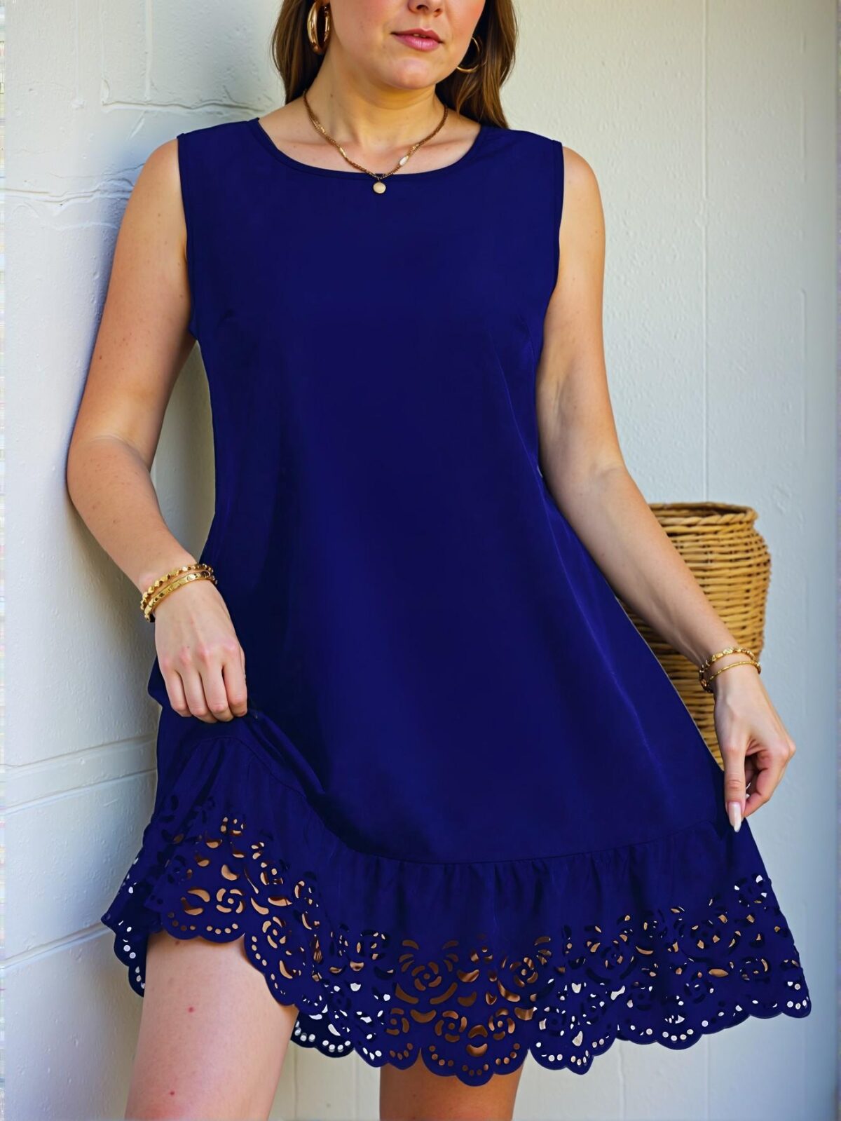 Elegant Royal Blue Floral Smock Dress with Ruffle Hem and Cut-Out Details, Chic, Classy and Trendy Fashion Style to Dress to Impress