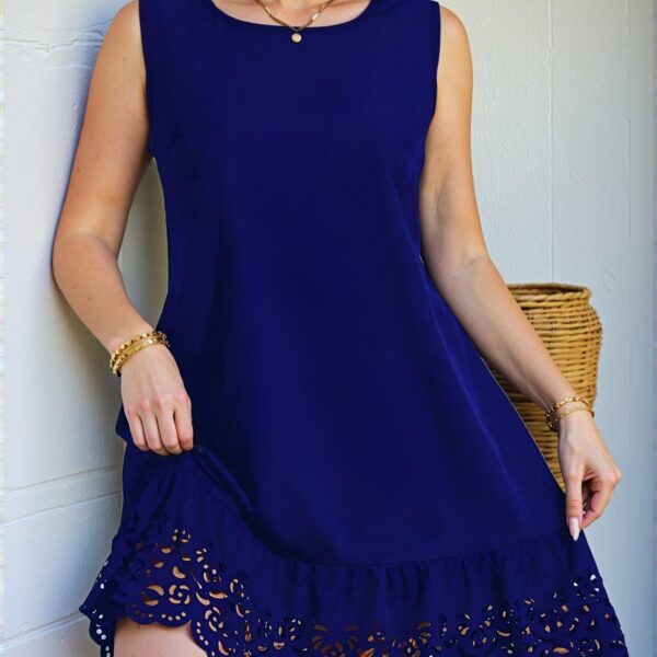 Elegant Royal Blue Floral Smock Dress with Ruffle Hem and Cut-Out Details, Chic, Classy and Trendy Fashion Style to Dress to Impress