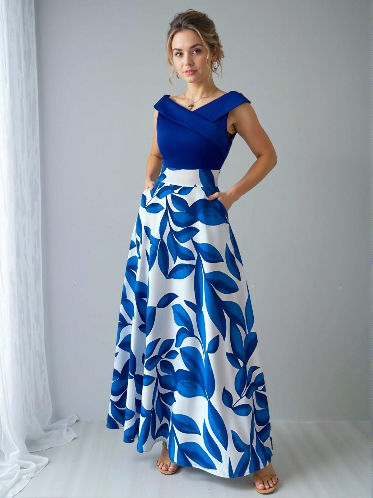 Elegant Blue Floral Printed Patchwork V-Neck Flared Midi Dress for Spring and Summer - Chic, Classy and Trendy Fashion Style to Dress to Impress - Image 5