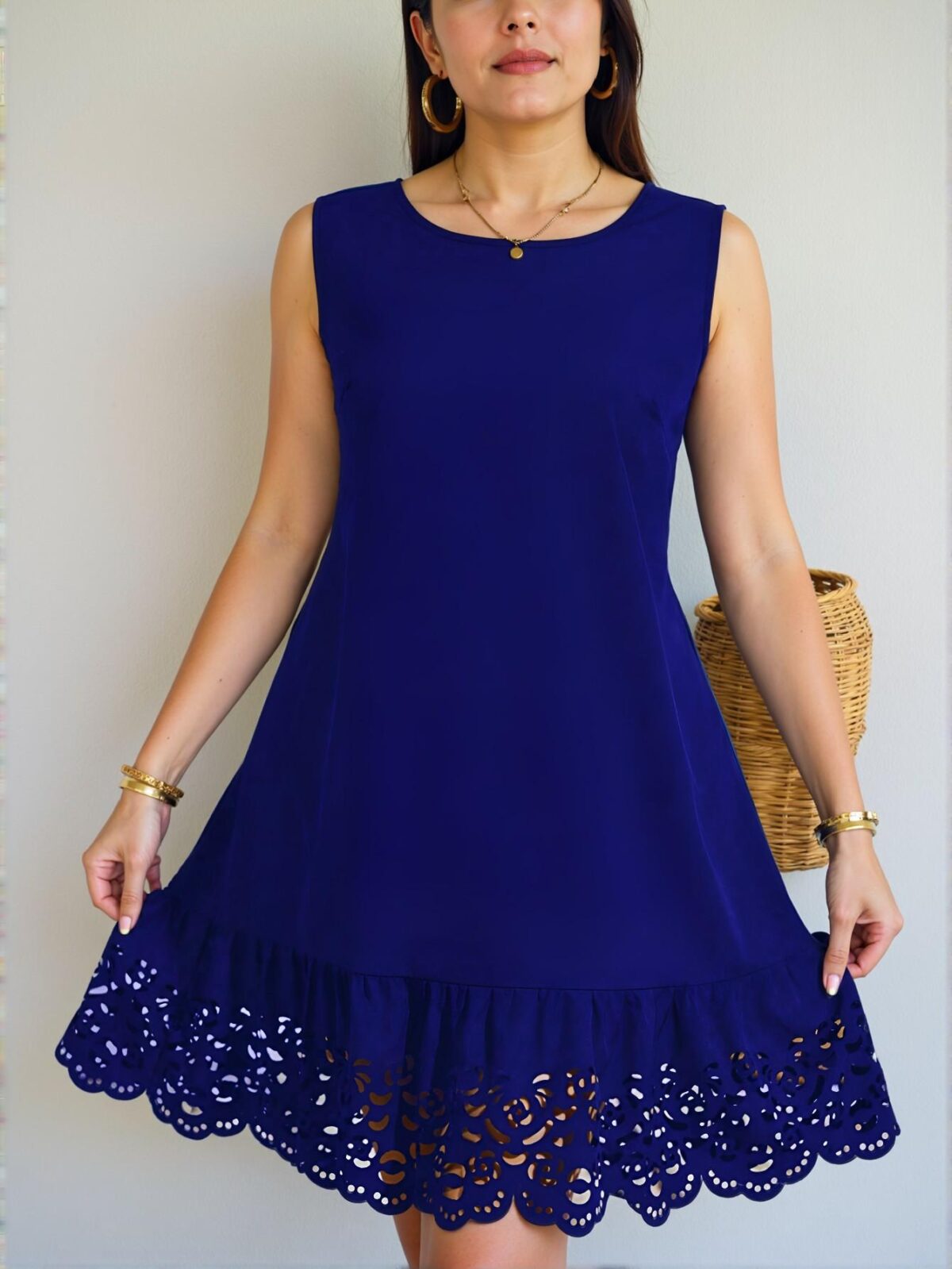 Elegant Royal Blue Floral Smock Dress with Ruffle Hem and Cut-Out Details, Chic, Classy and Trendy Fashion Style to Dress to Impress - Image 3