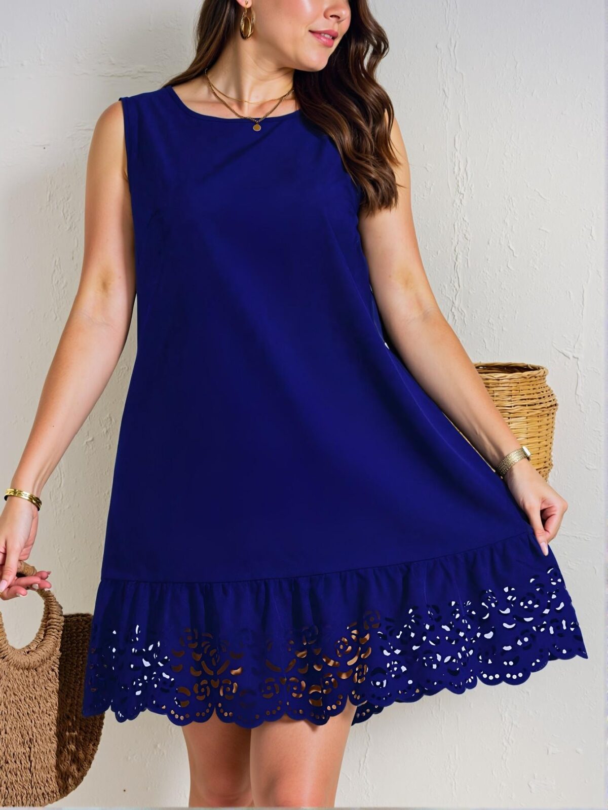 Elegant Royal Blue Floral Smock Dress with Ruffle Hem and Cut-Out Details, Chic, Classy and Trendy Fashion Style to Dress to Impress - Image 4