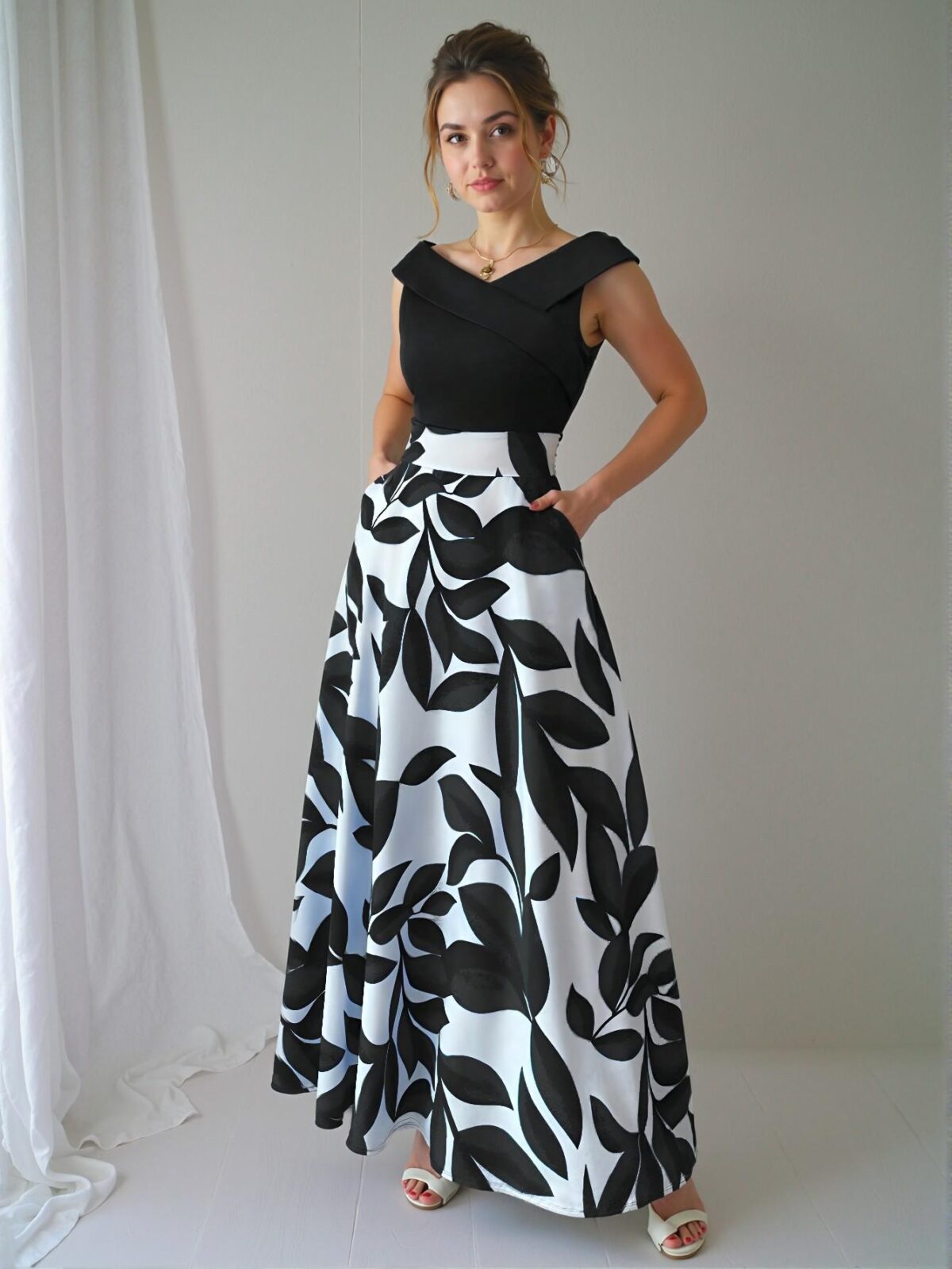 Elegant "Black Floral Print Design V-Neck A-Line Flare Dress for Spring and Summer" "Chic, Classy and Trendy Fashion Style to Dress to Impress" - Image 4
