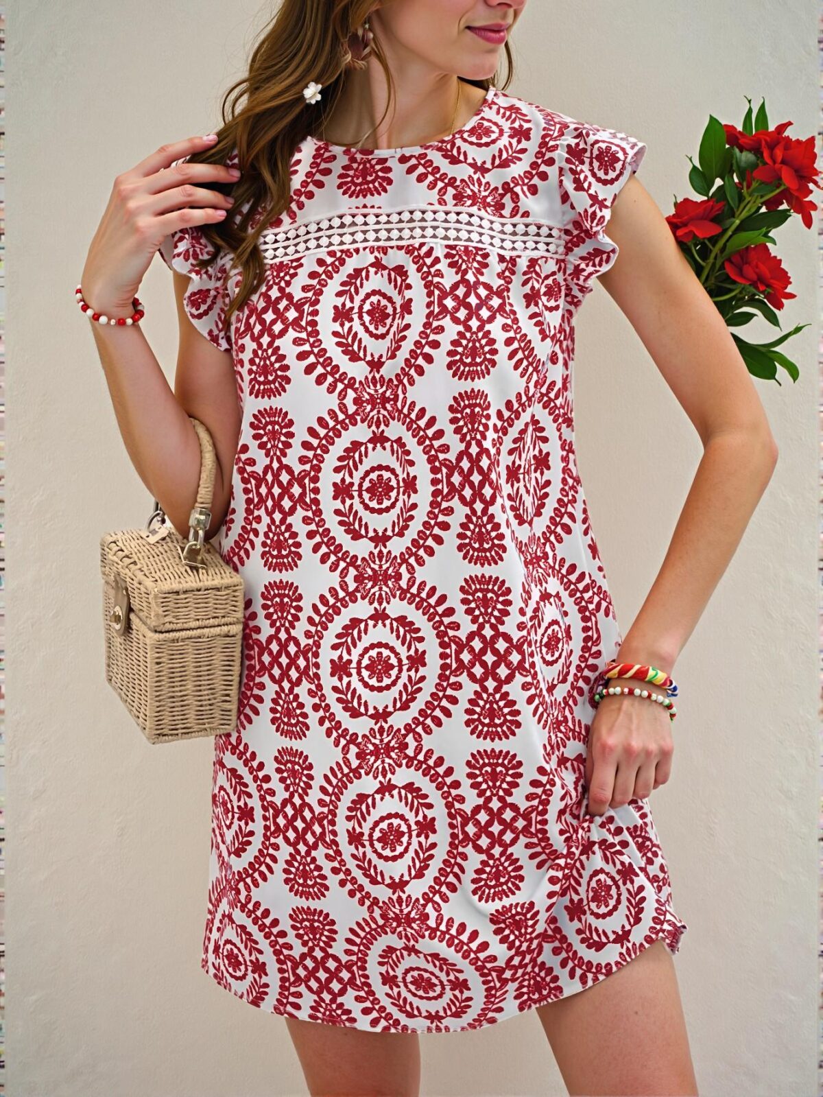 Elegant Red and White Bohemian Floral Lace A-Line Dress for Summer Holiday, Perfect for Spring and Summer Style "Chic, Classy and Trendy Fashion Style to Dress to Impress" - Image 3