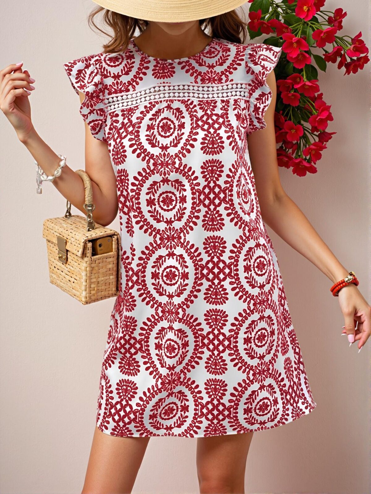 Elegant Red and White Bohemian Floral Lace A-Line Dress for Summer Holiday, Perfect for Spring and Summer Style "Chic, Classy and Trendy Fashion Style to Dress to Impress" - Image 4