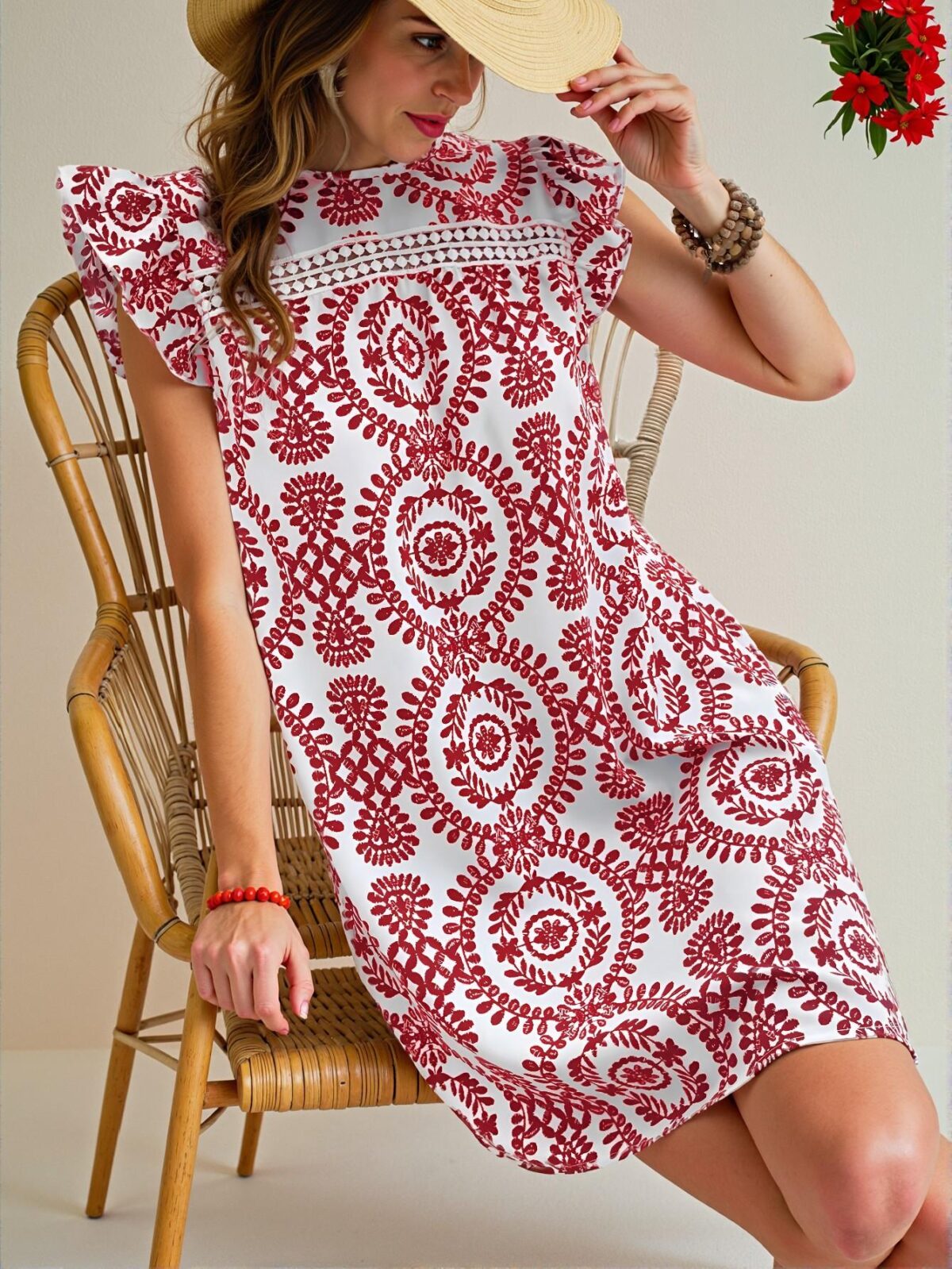 Elegant Red and White Bohemian Floral Lace A-Line Dress for Summer Holiday, Perfect for Spring and Summer Style "Chic, Classy and Trendy Fashion Style to Dress to Impress" - Image 5
