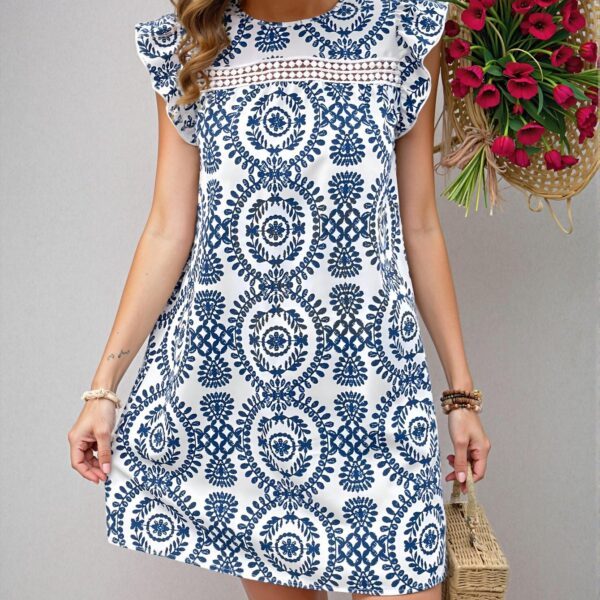 Elegant Blue and White Boho Cap Sleeve Dress with Lace Details for Casual Summer Gatherings, Chic, Classy and Trendy Fashion Style to Dress to Impress