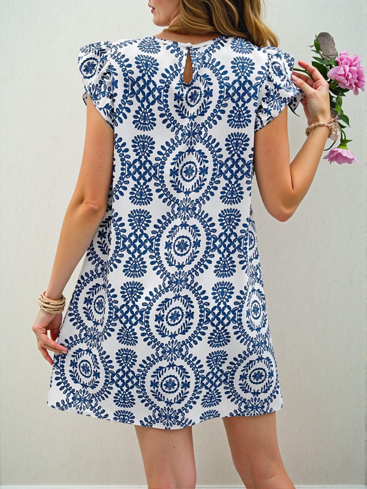 Elegant Blue and White Boho Cap Sleeve Dress with Lace Details for Casual Summer Gatherings, Chic, Classy and Trendy Fashion Style to Dress to Impress - Image 2