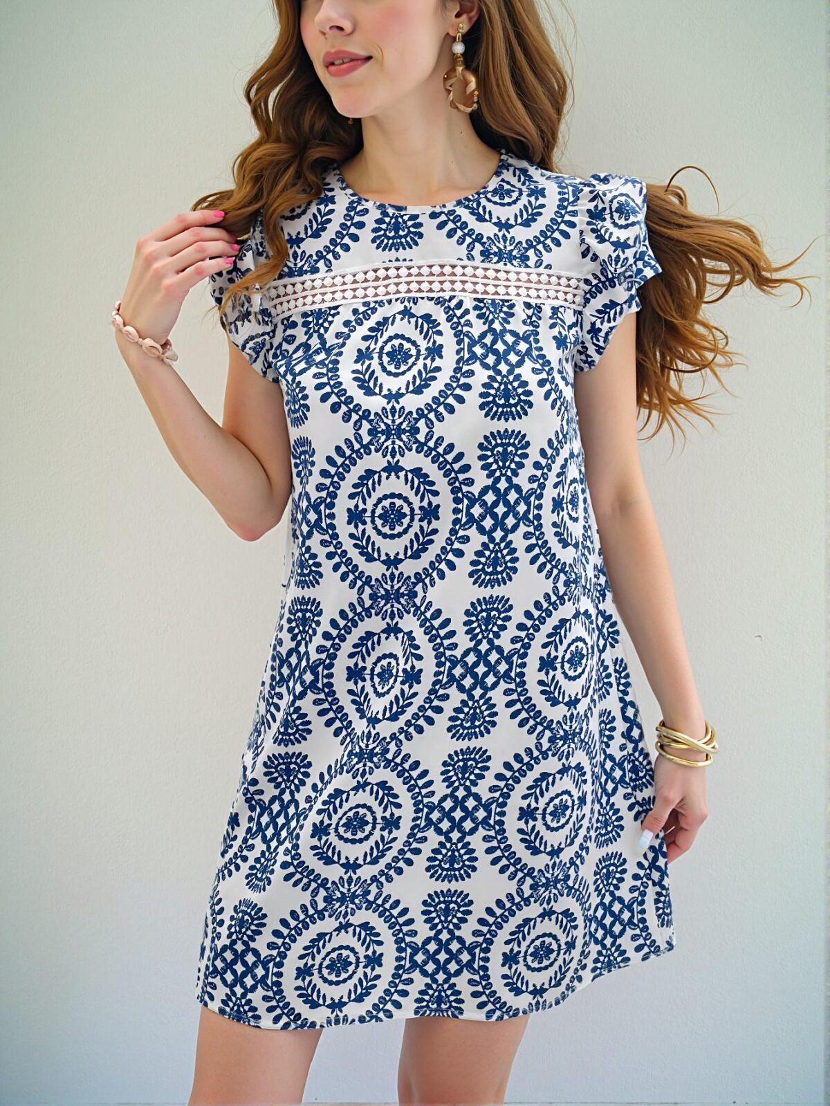 Elegant Blue and White Boho Cap Sleeve Dress with Lace Details for Casual Summer Gatherings, Chic, Classy and Trendy Fashion Style to Dress to Impress - Image 3