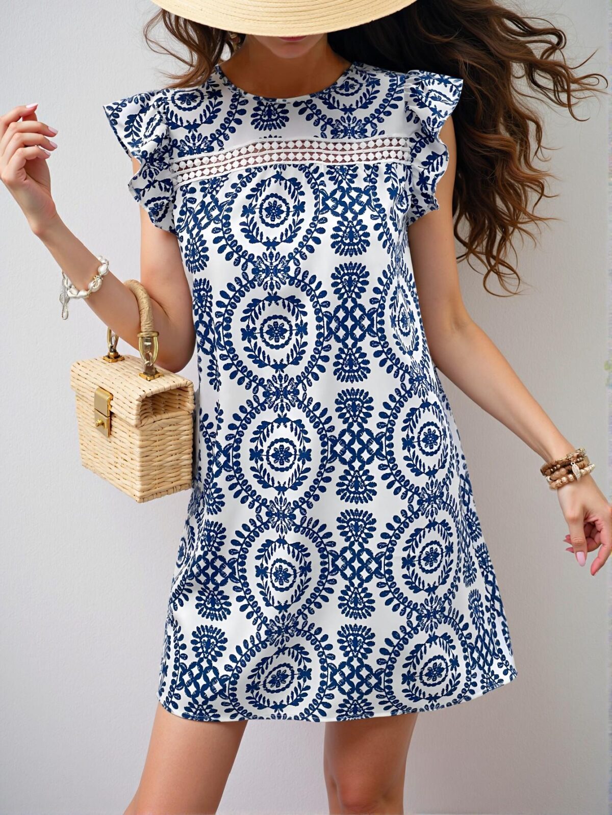 Elegant Blue and White Boho Cap Sleeve Dress with Lace Details for Casual Summer Gatherings, Chic, Classy and Trendy Fashion Style to Dress to Impress - Image 4