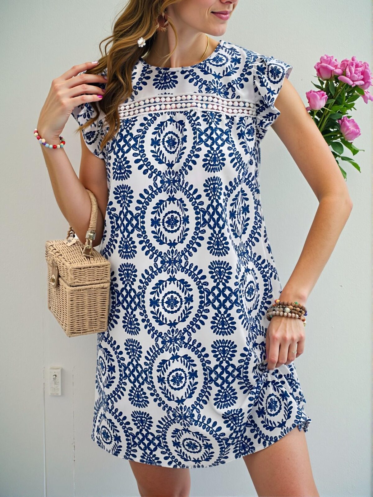Elegant Blue and White Boho Cap Sleeve Dress with Lace Details for Casual Summer Gatherings, Chic, Classy and Trendy Fashion Style to Dress to Impress - Image 5