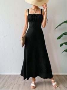 Elegant Black Maxi Cami Dress with Cinched Waist Design for Vacation, Chic, Classy and Trendy Fashion Style to Dress to Impress