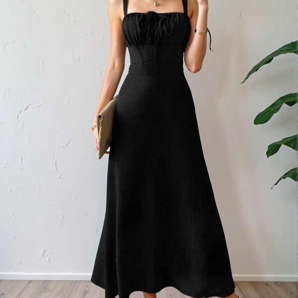 Elegant Black Maxi Cami Dress with Cinched Waist Design for Vacation, Chic, Classy and Trendy Fashion Style to Dress to Impress