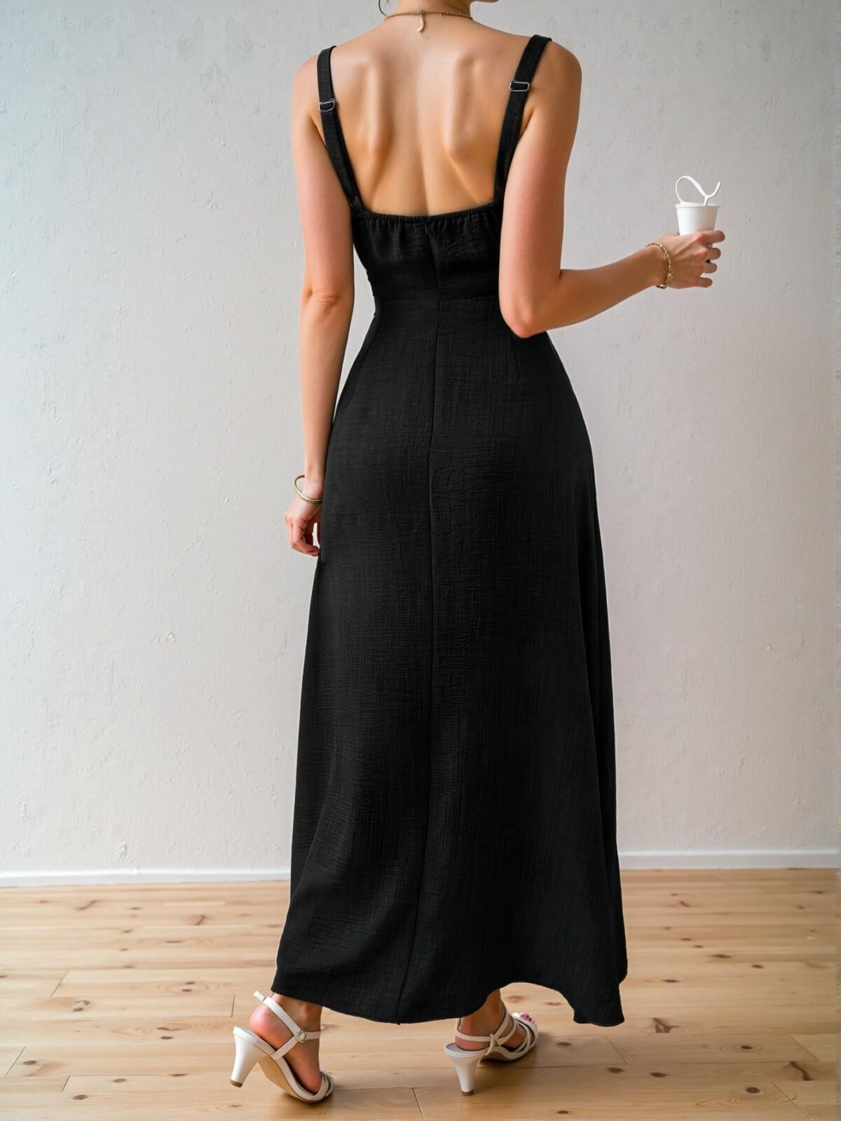 Elegant Black Maxi Cami Dress with Cinched Waist Design for Vacation, Chic, Classy and Trendy Fashion Style to Dress to Impress - Image 2