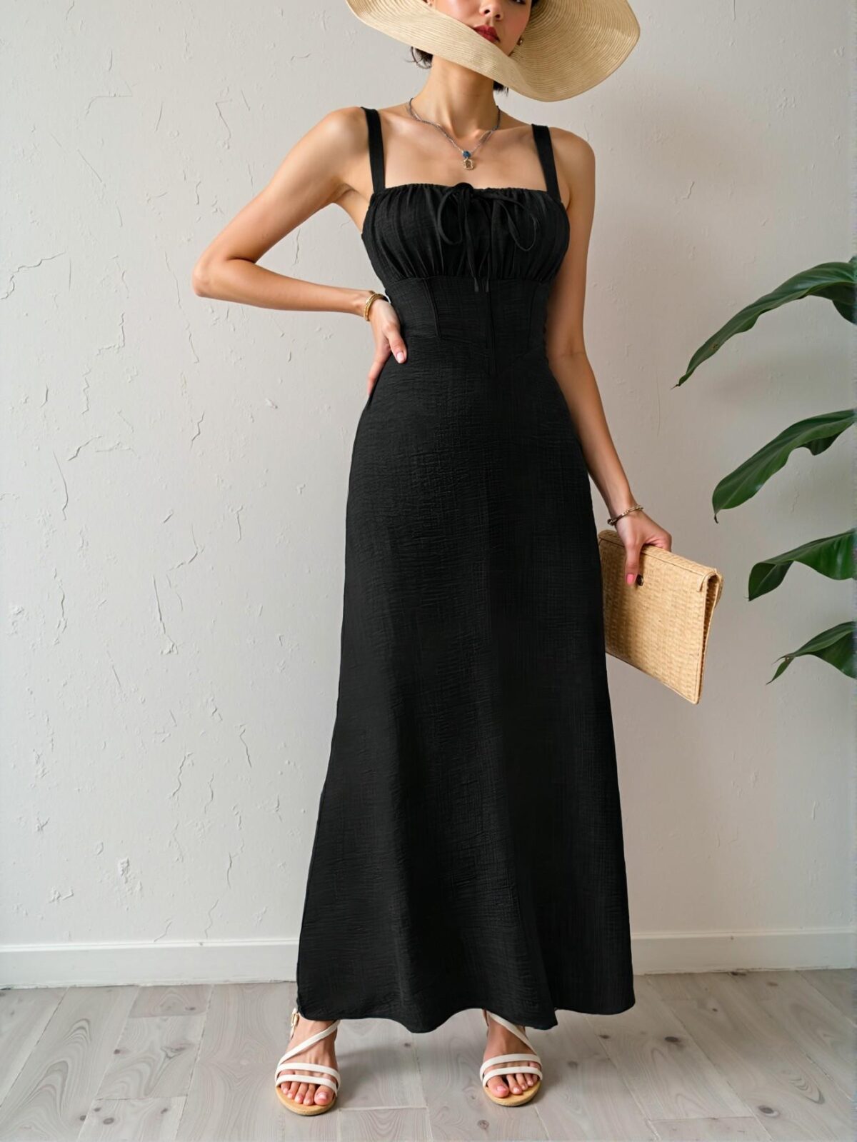 Elegant Black Maxi Cami Dress with Cinched Waist Design for Vacation, Chic, Classy and Trendy Fashion Style to Dress to Impress - Image 3