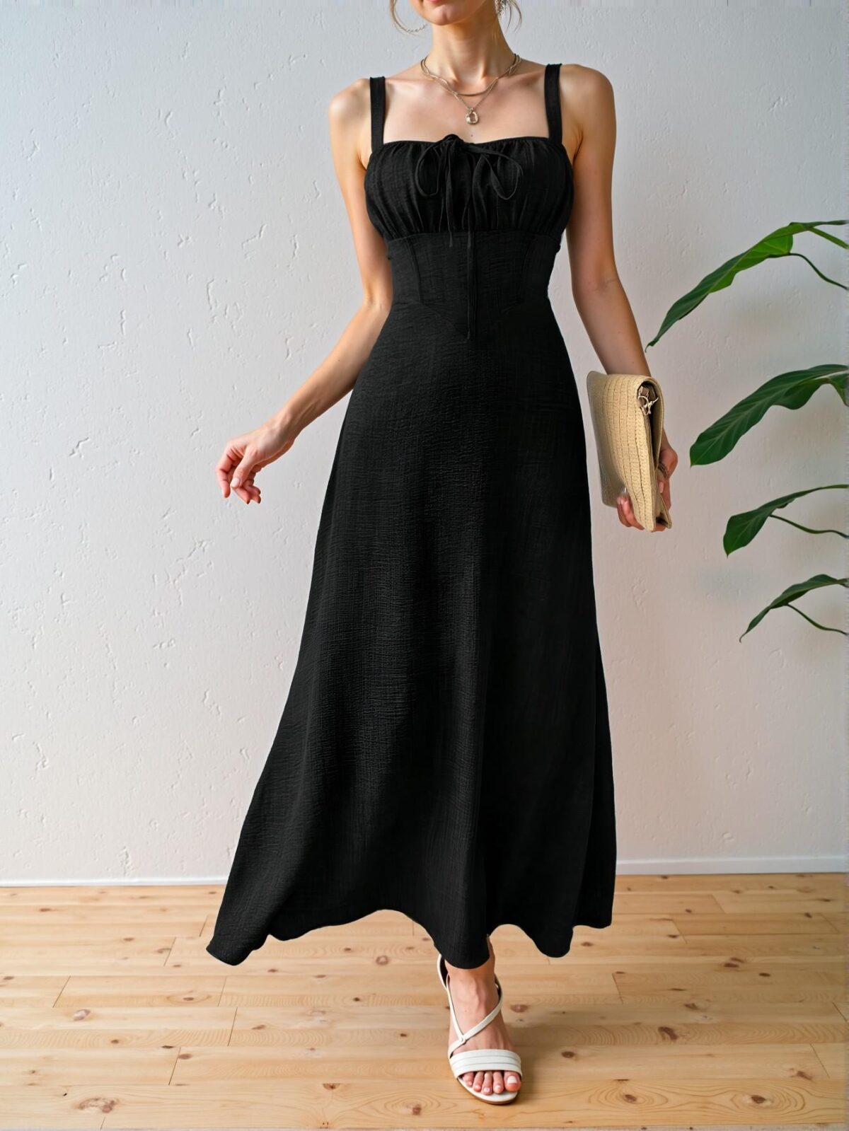 Elegant Black Maxi Cami Dress with Cinched Waist Design for Vacation, Chic, Classy and Trendy Fashion Style to Dress to Impress - Image 4